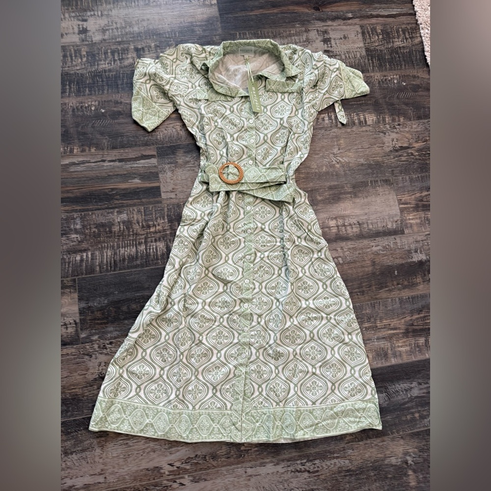 Sage Green Patterned Midi Shirt Dress with Belt
